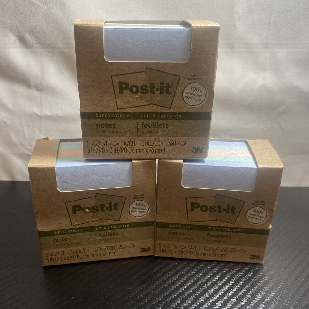 3 Post-it Recycled‎ Super Sticky Notes 3" x 3" Wanderlust Pastels Collection 70